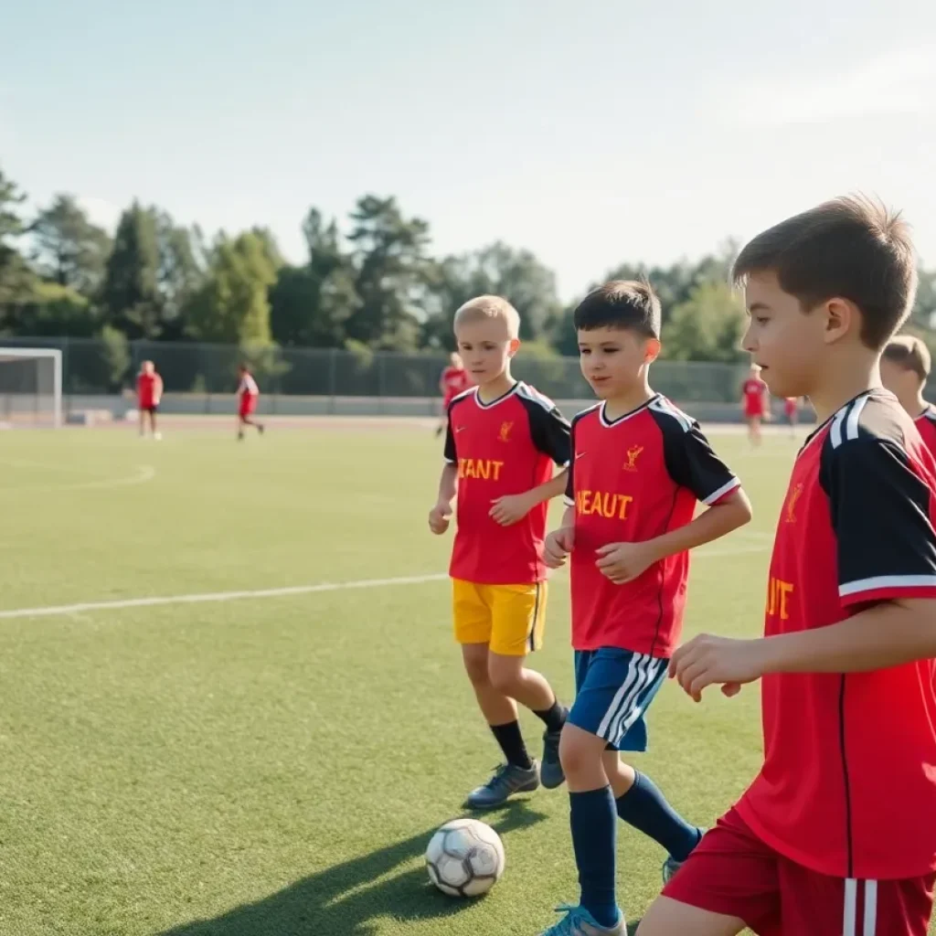 Young football players training on the field