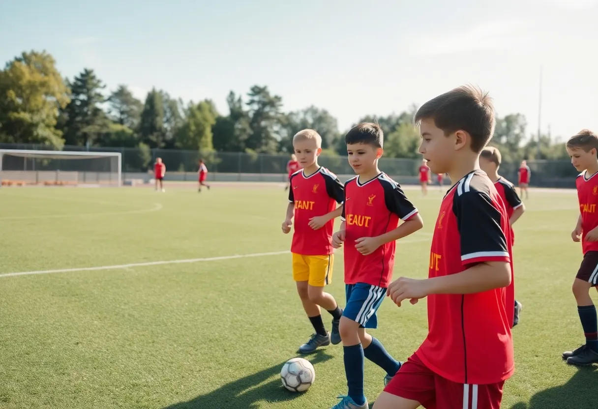 Young football players training on the field