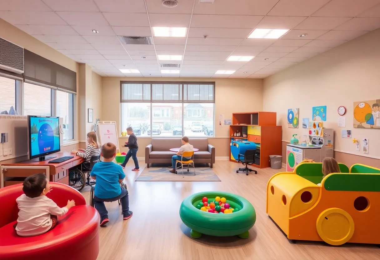 Children enjoying the revamped Game Day Experience Room in a hospital.