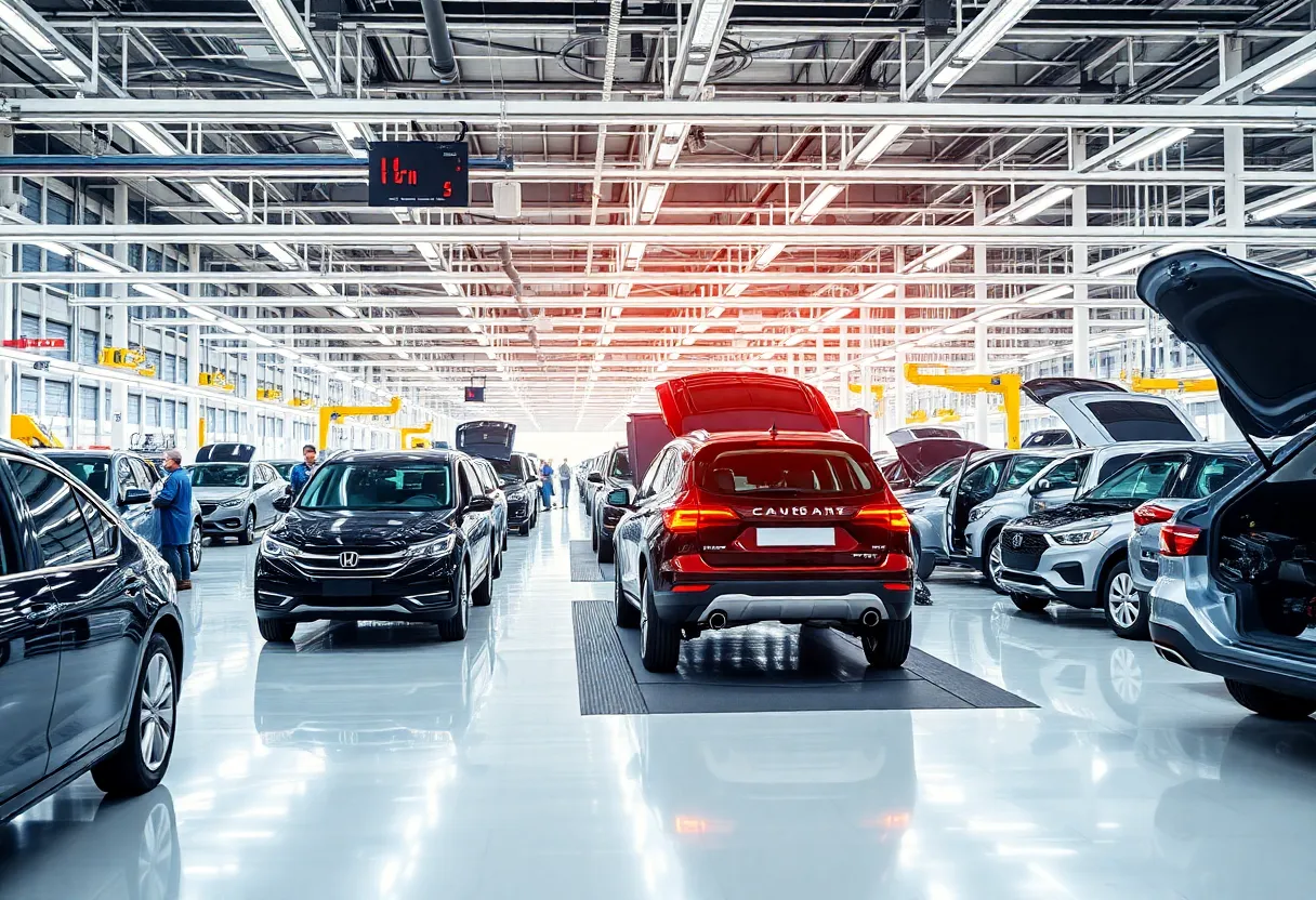 Inside view of a GM manufacturing plant with assembly lines and workers.