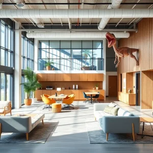 Renovated office space with modern furnishings and a T-Rex replica.