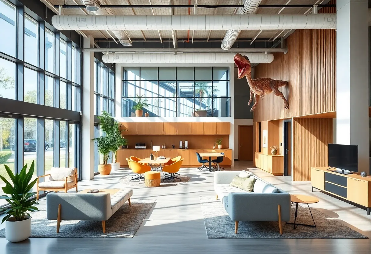Renovated office space with modern furnishings and a T-Rex replica.