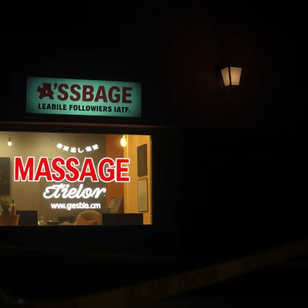 Illustration of a massage parlor under investigation for illegal activities.