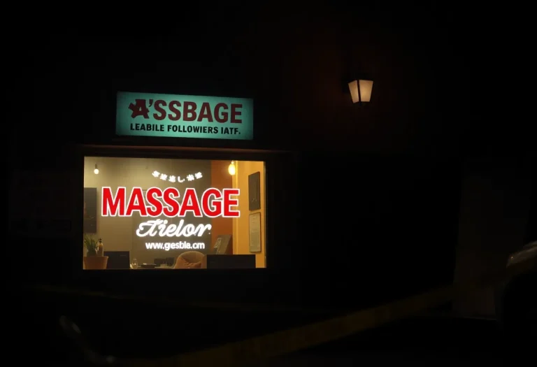 Illustration of a massage parlor under investigation for illegal activities.