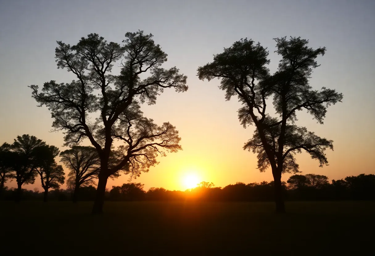 A tranquil sunset over a grove of trees, representing remembrance.