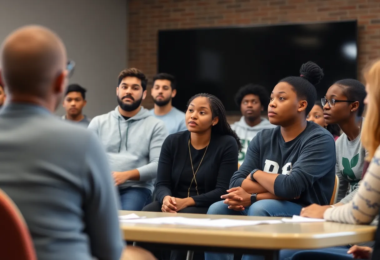 Young adults discussing Job Corps program impacts in a community meeting.