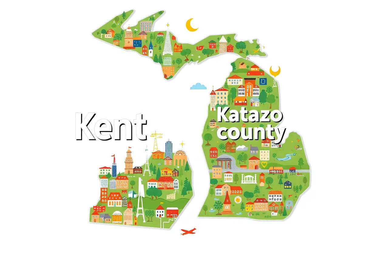 Map highlighting Kent County and Kalamazoo County in Michigan