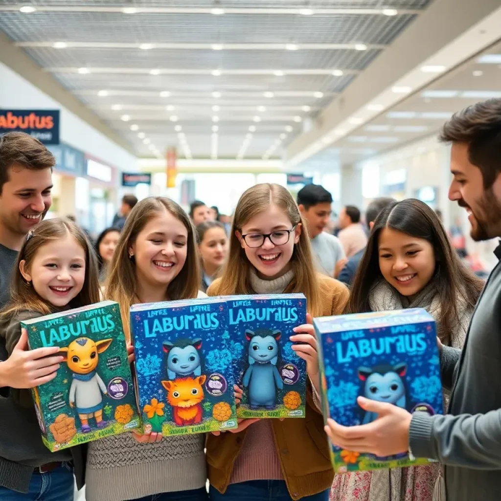 Teens and parents unboxing colorful Labubus toys in a mall