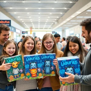 Teens and parents unboxing colorful Labubus toys in a mall