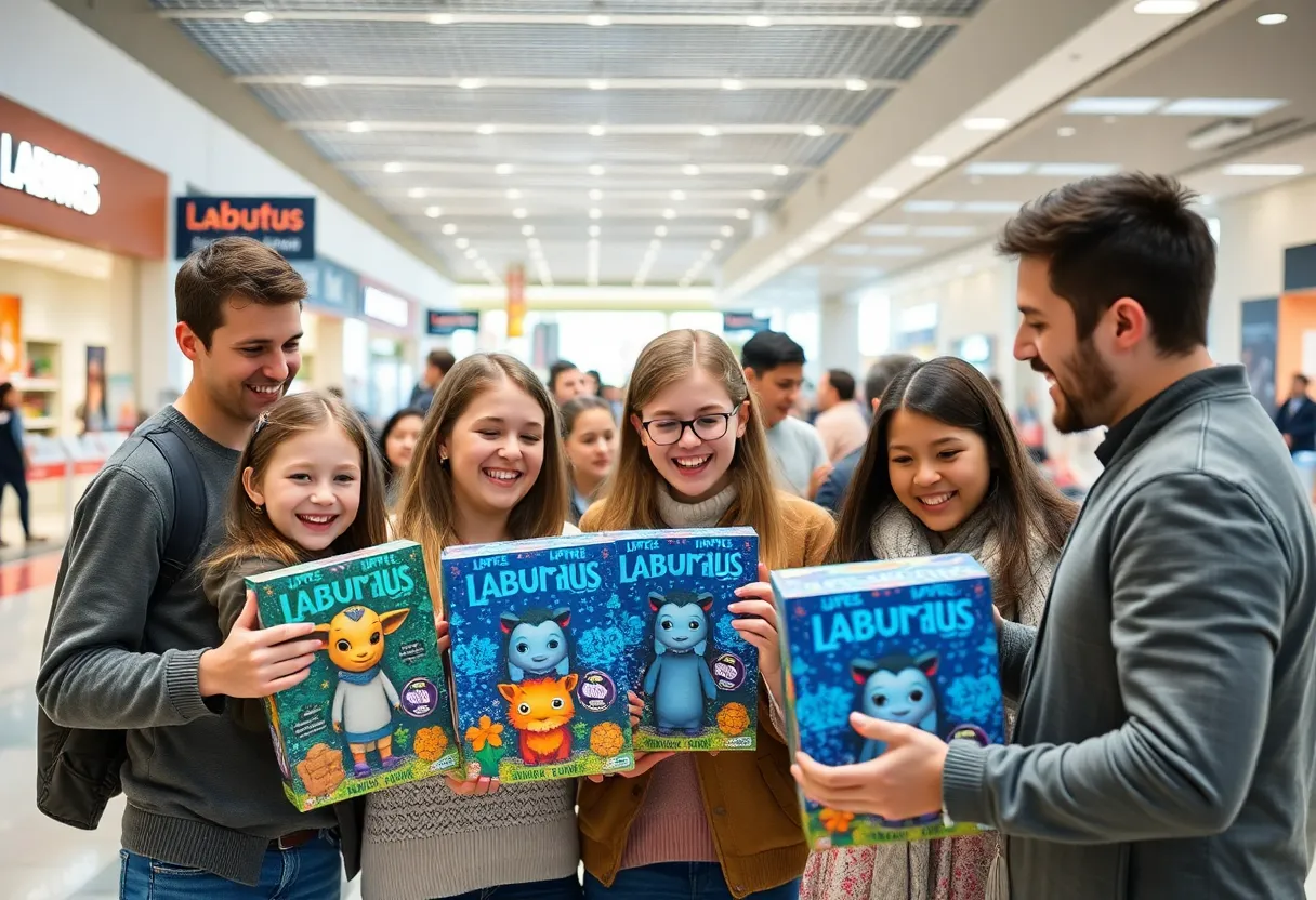 Teens and parents unboxing colorful Labubus toys in a mall