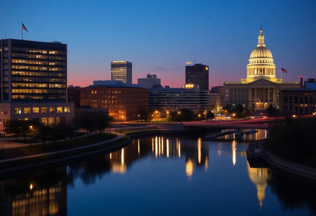 Cityscape of Lansing, Michigan illuminated at dusk