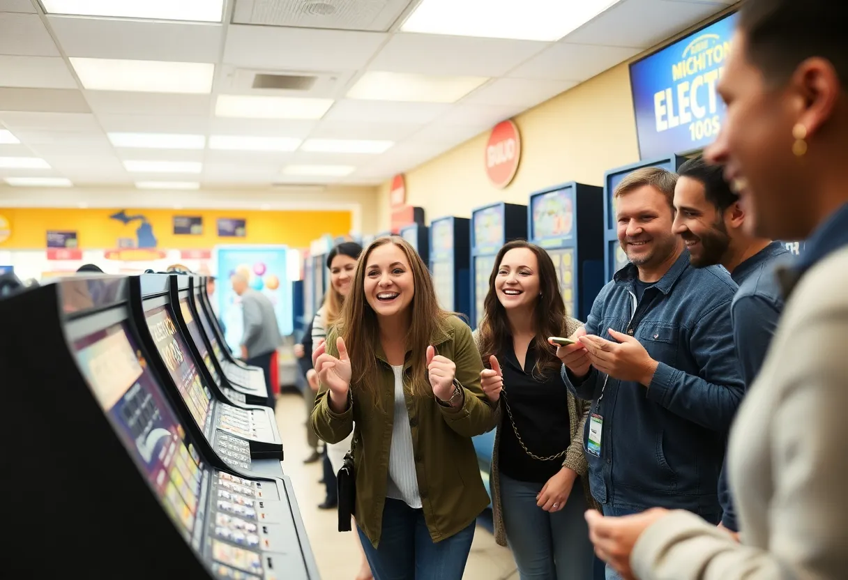 Celebration of a lottery winner at a Michigan store.