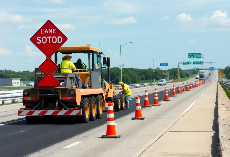 Workers resurfacing M-45 road in Michigan with construction equipment.