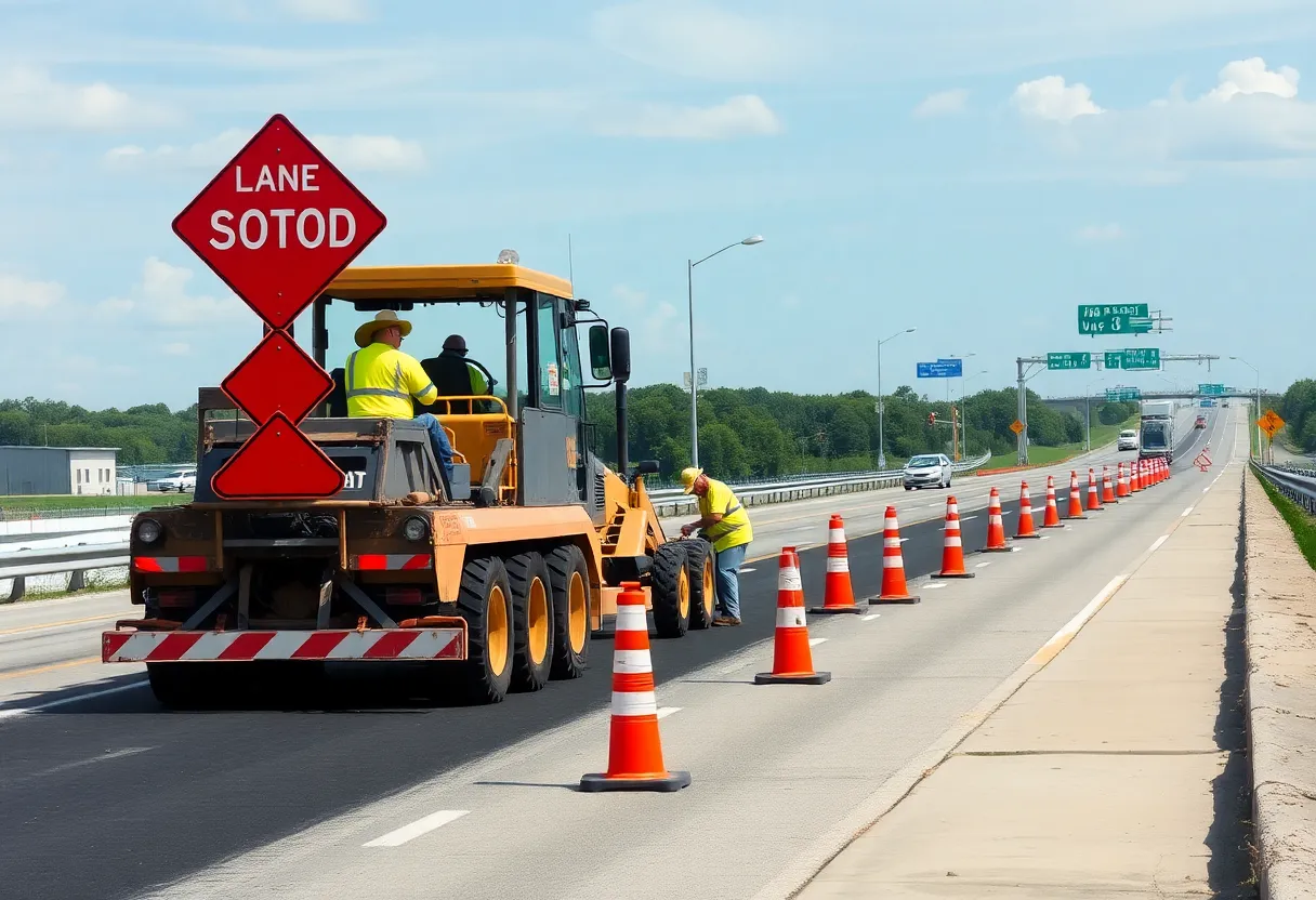 Workers resurfacing M-45 road in Michigan with construction equipment.