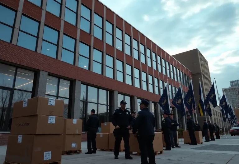 Corporate office building with police involvement during an investigation.