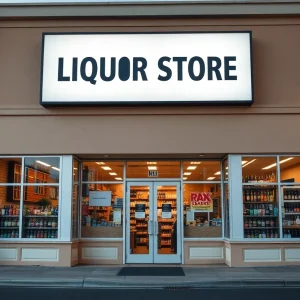 Interior of the new Mega-Bev liquor store showing shelves of beverages