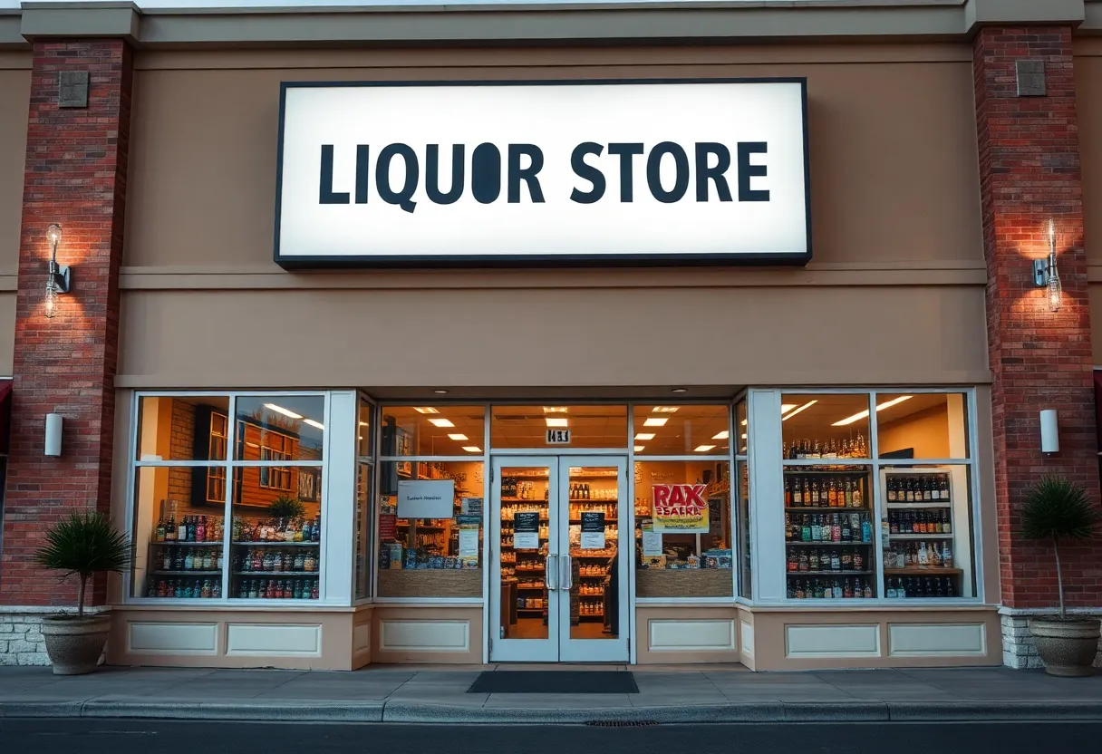 Interior of the new Mega-Bev liquor store showing shelves of beverages