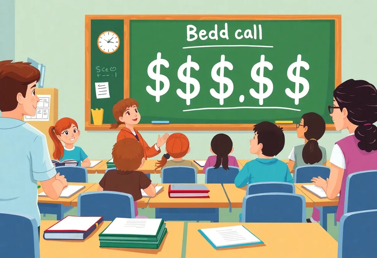 An illustration depicting a diverse classroom with budget figures.