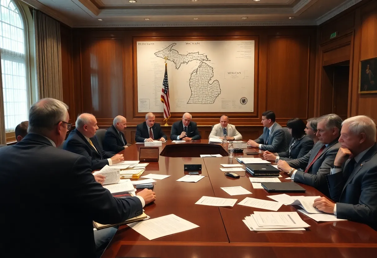 Officials in a meeting discussing Michigan election training materials