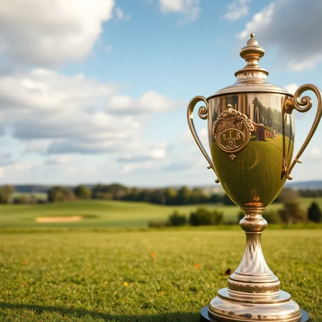 Scenic golf course with a trophy representing a championship win.