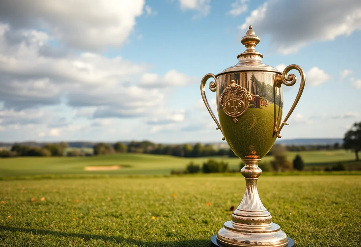 Scenic golf course with a trophy representing a championship win.