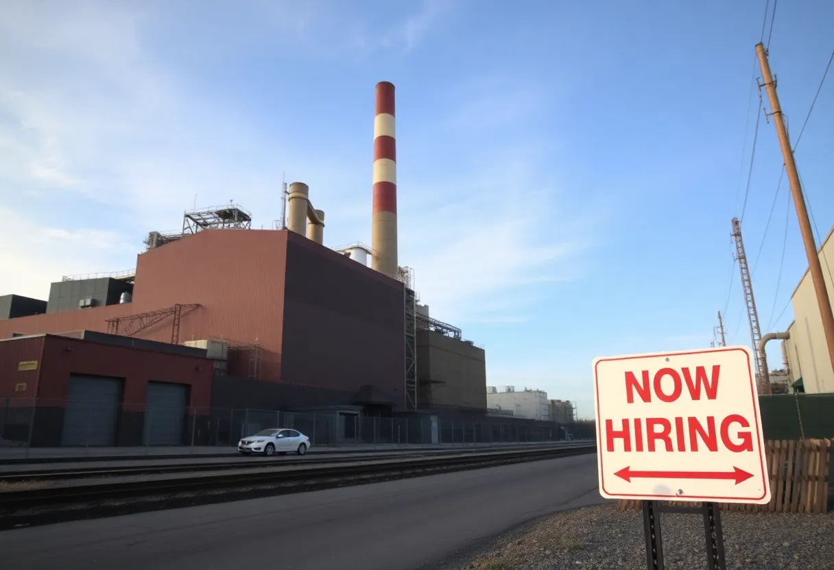 An industrial area with closed factories and job signs, portraying the impact of layoffs in Michigan.
