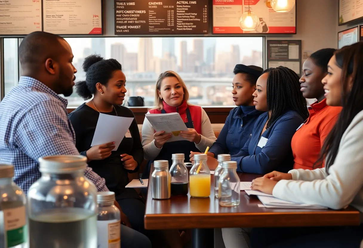 Diverse restaurant workers discussing minimum wage and tipping issues in Michigan.