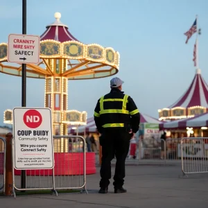 Empty Michigan State Fairground with visible safety signage