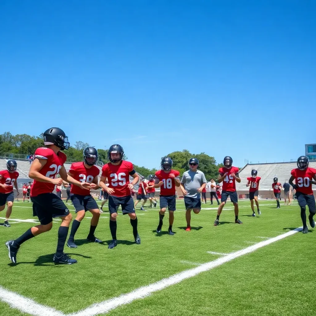 Michigan State football players in practice on a field.