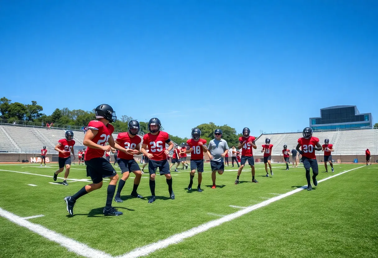 Michigan State football players in practice on a field.