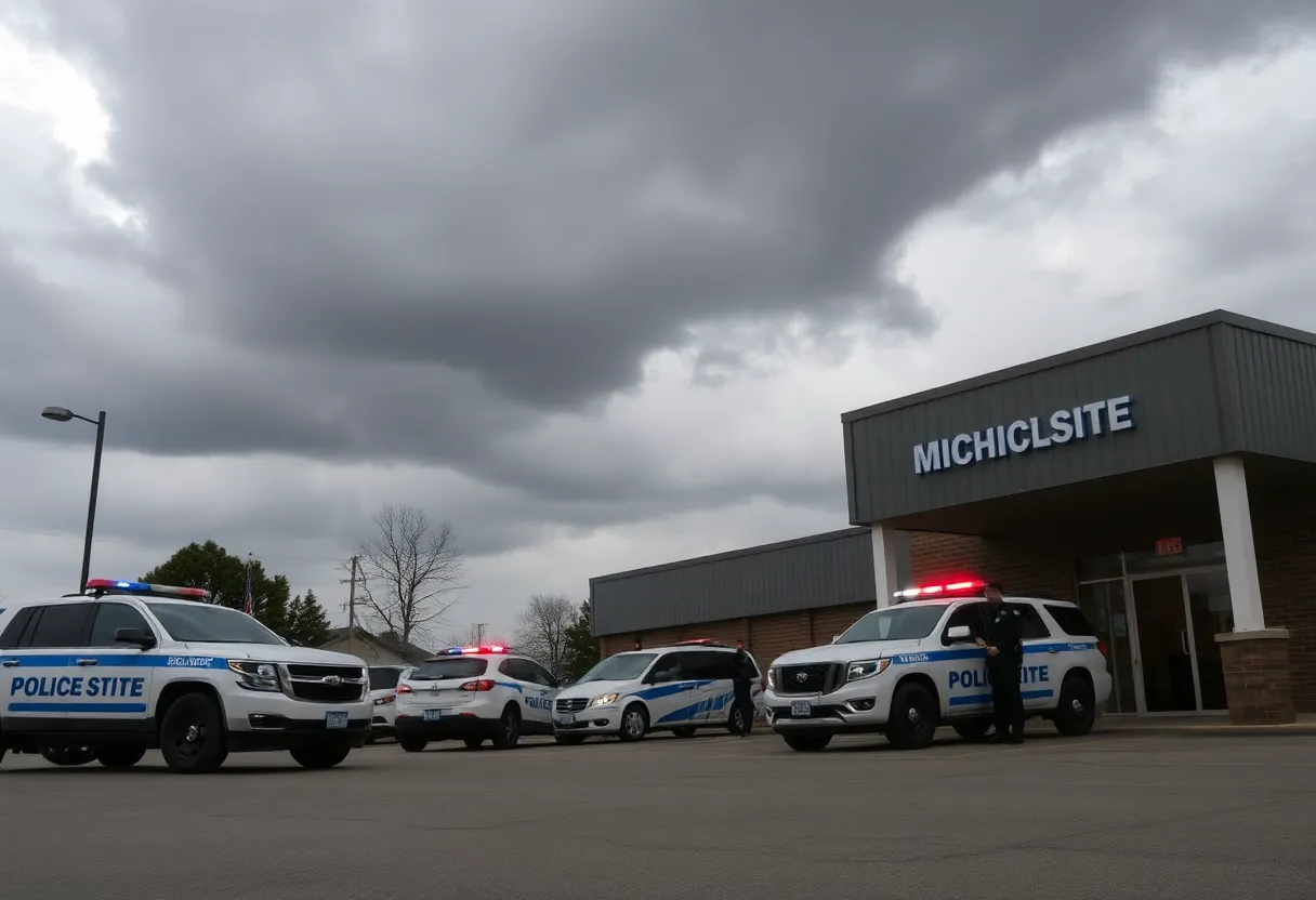 Michigan State Police vehicles outside a police station under cloudy skies.