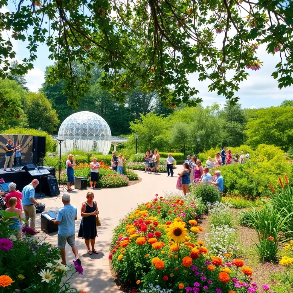 People enjoying a summer concert in the botanical garden with flowers in bloom