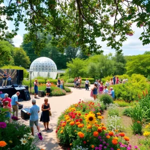 People enjoying a summer concert in the botanical garden with flowers in bloom