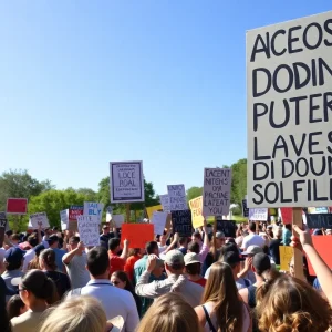 Crowd of protesters holding signs promoting democracy.