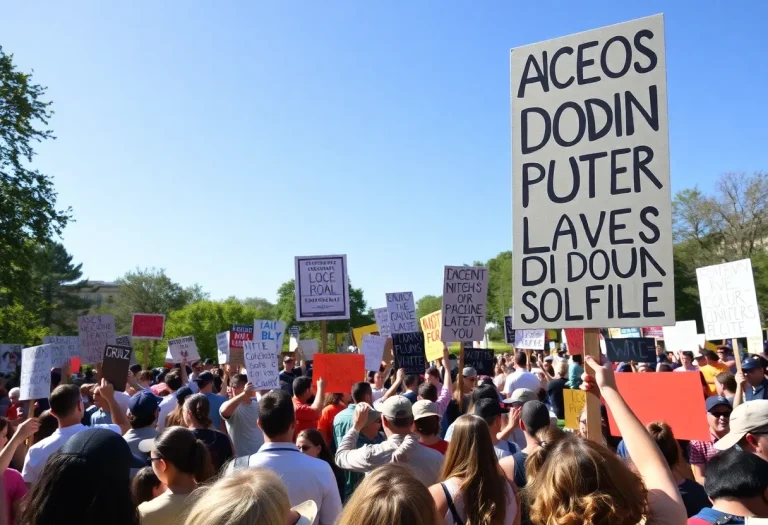 Crowd of protesters holding signs promoting democracy.