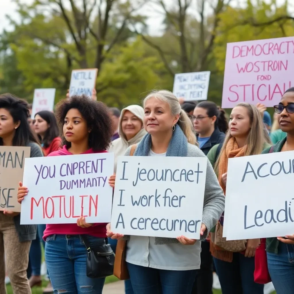 Protesters at the No Kings rally holding signs in Clark Park, Detroit