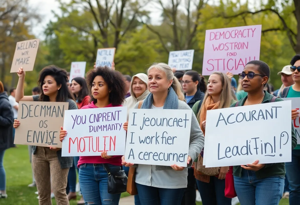 Protesters at the No Kings rally holding signs in Clark Park, Detroit