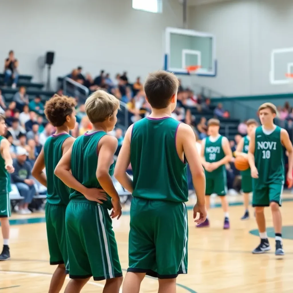Novi boys basketball team practicing on the court