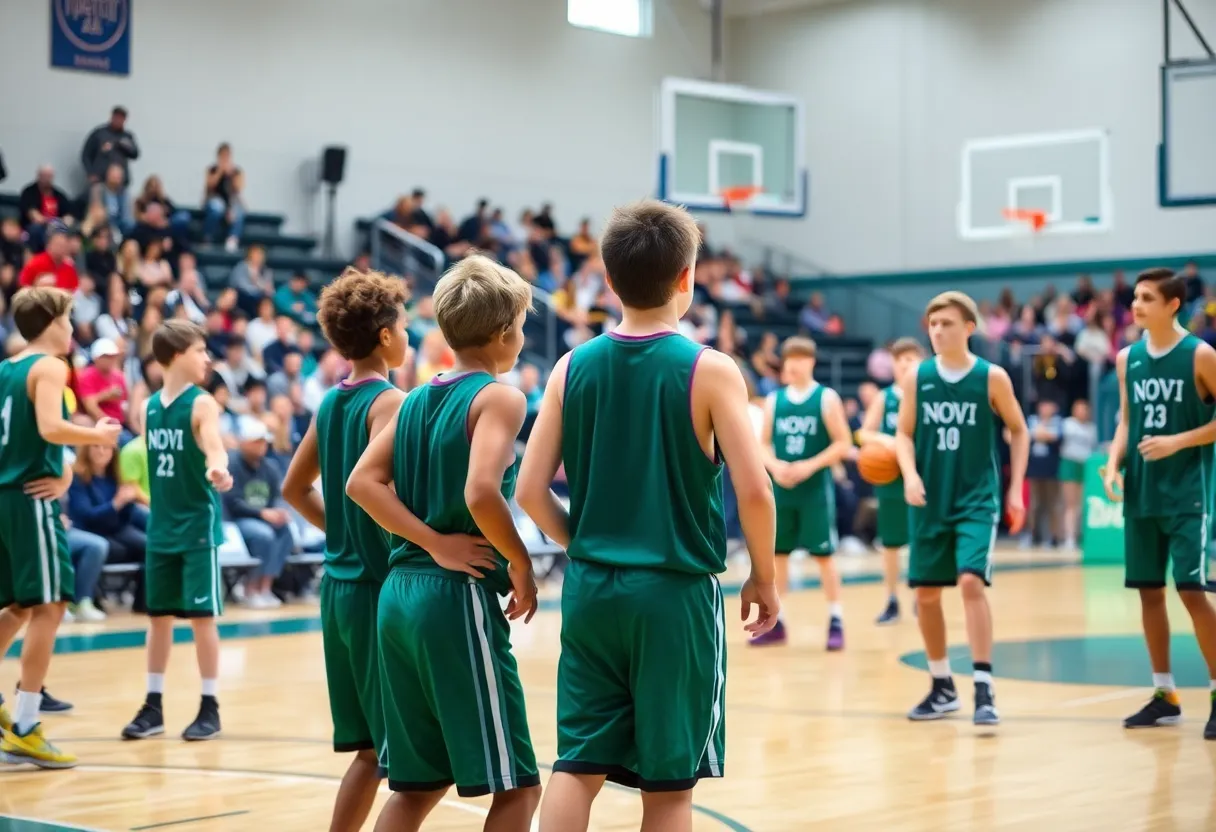 Novi boys basketball team practicing on the court