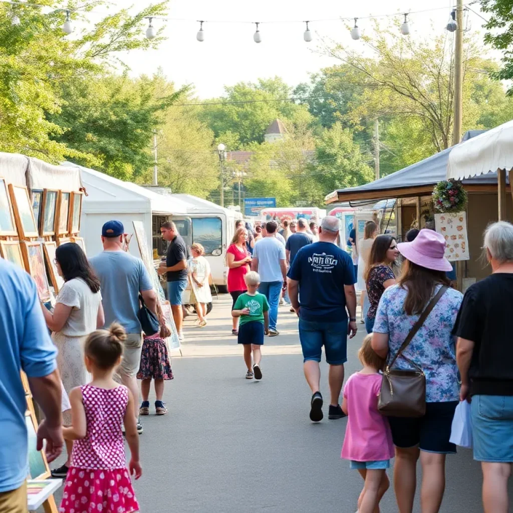 Families enjoying the Novi Fine Art Fair with colorful art displays and food trucks.