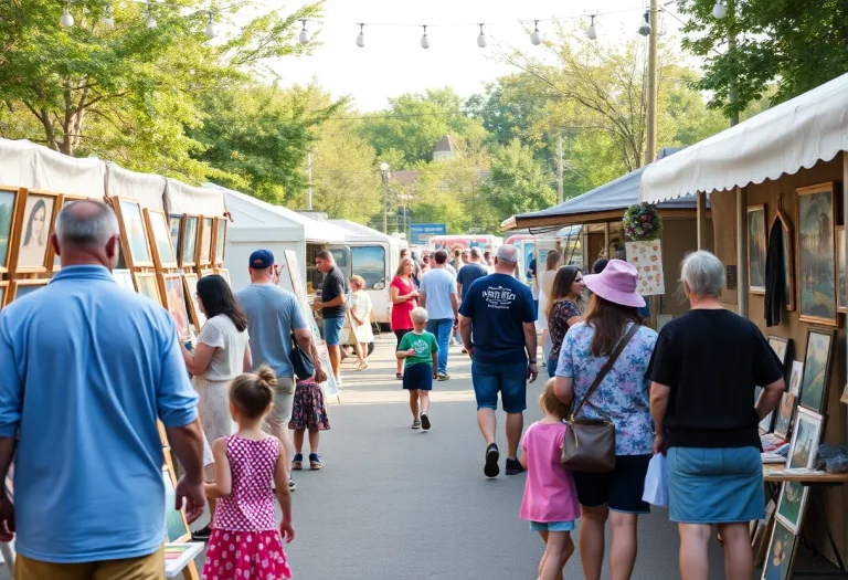 Families enjoying the Novi Fine Art Fair with colorful art displays and food trucks.