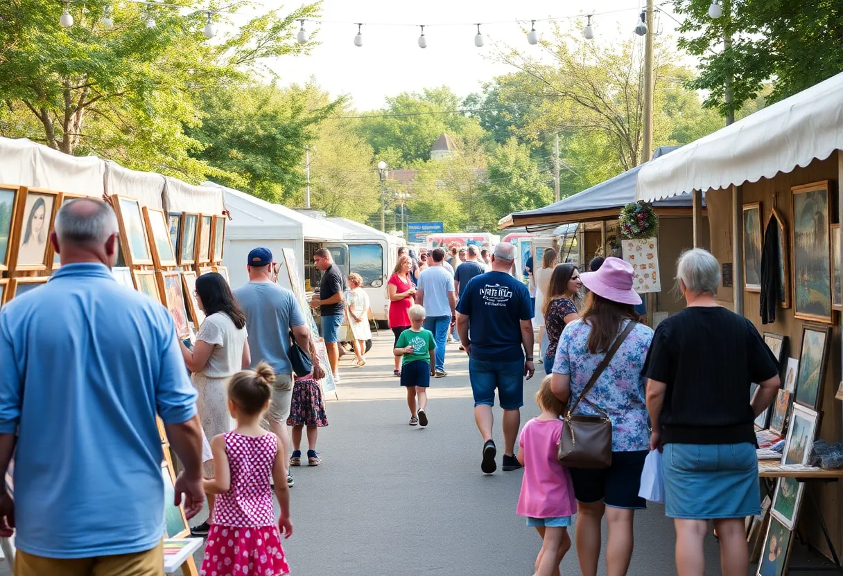 Families enjoying the Novi Fine Art Fair with colorful art displays and food trucks.