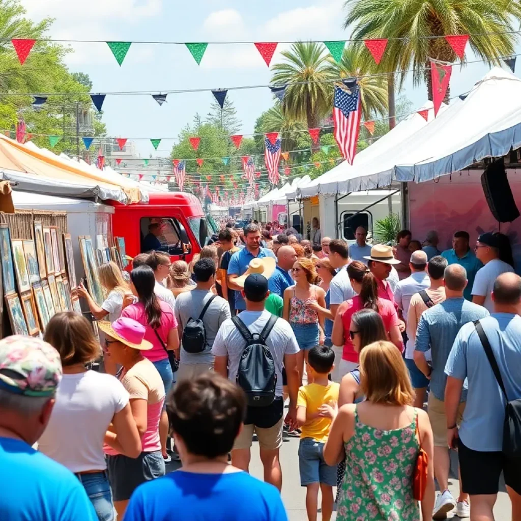 A bustling scene from the Novi Fine Art Fair and Taco Fest with various activities and food options