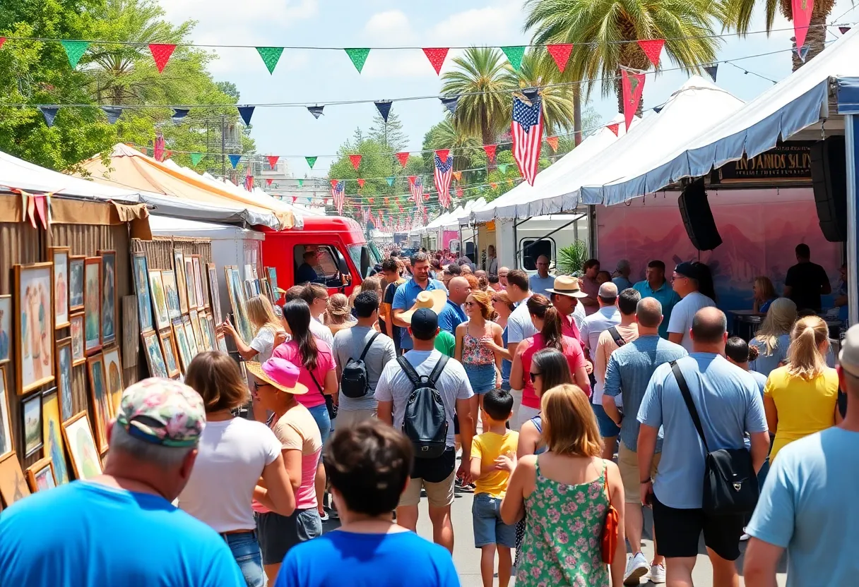 A bustling scene from the Novi Fine Art Fair and Taco Fest with various activities and food options