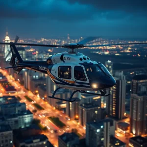 Aerial view of a police helicopter overhead during a nighttime operation in a city.