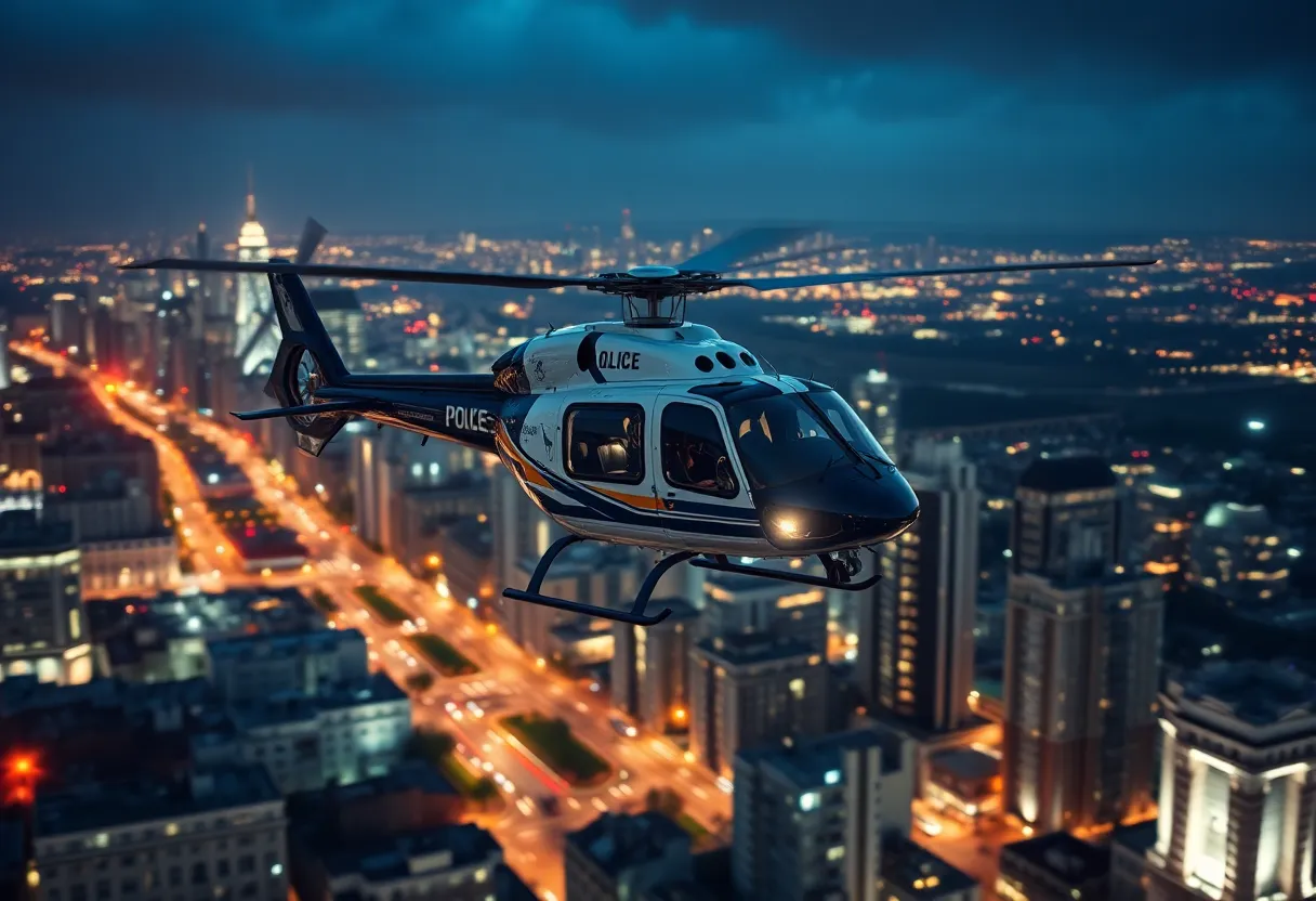Aerial view of a police helicopter overhead during a nighttime operation in a city.