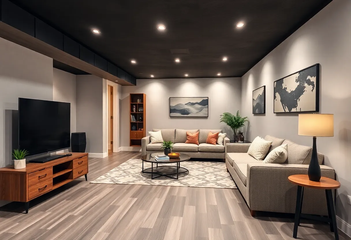 Stylishly renovated basement with modern decor