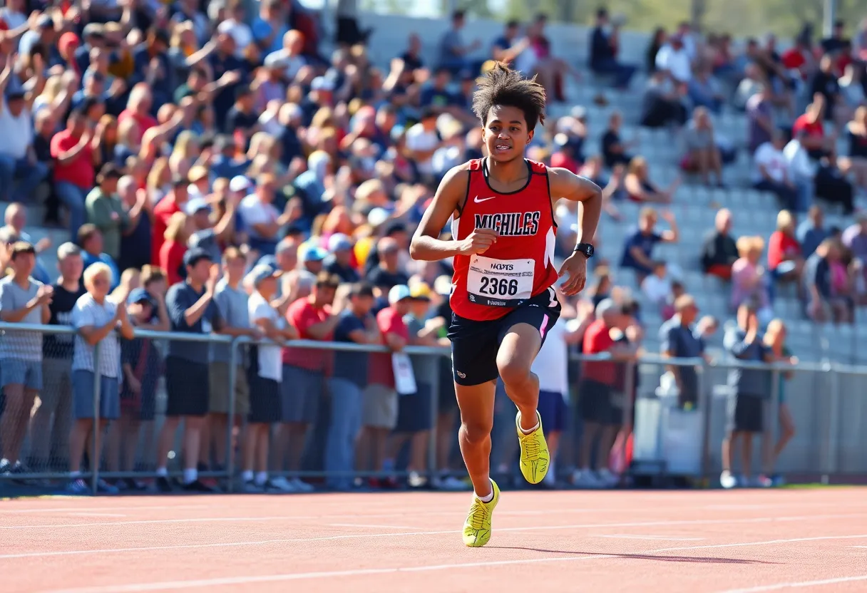 High school track athlete sprinting on the track