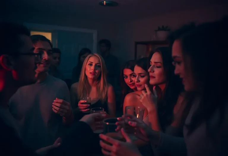 A somber scene at a house party, reflecting on safety issues.