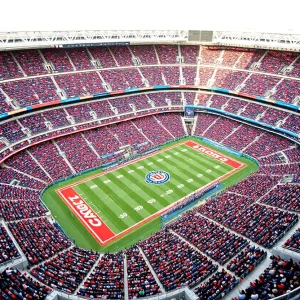A busy sports stadium filled with enthusiastic fans during an athletic event.